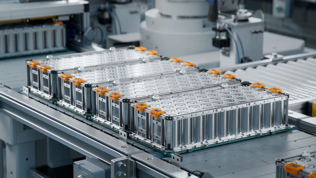 Industrial battery modules moving through an automated production line