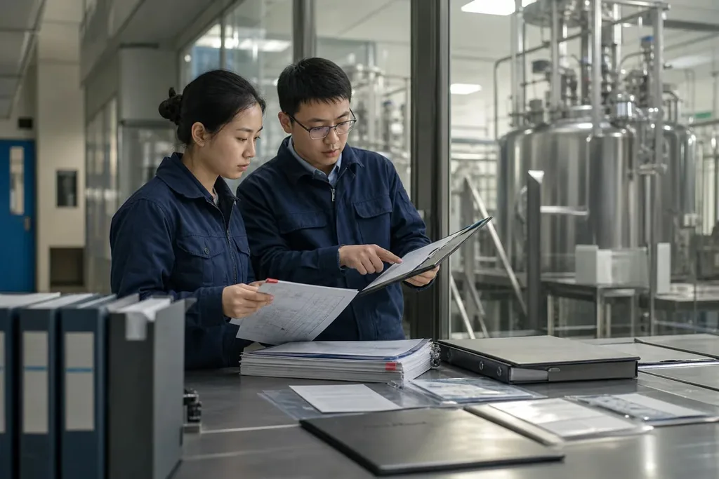 Personnel reviewing industrial documentation
